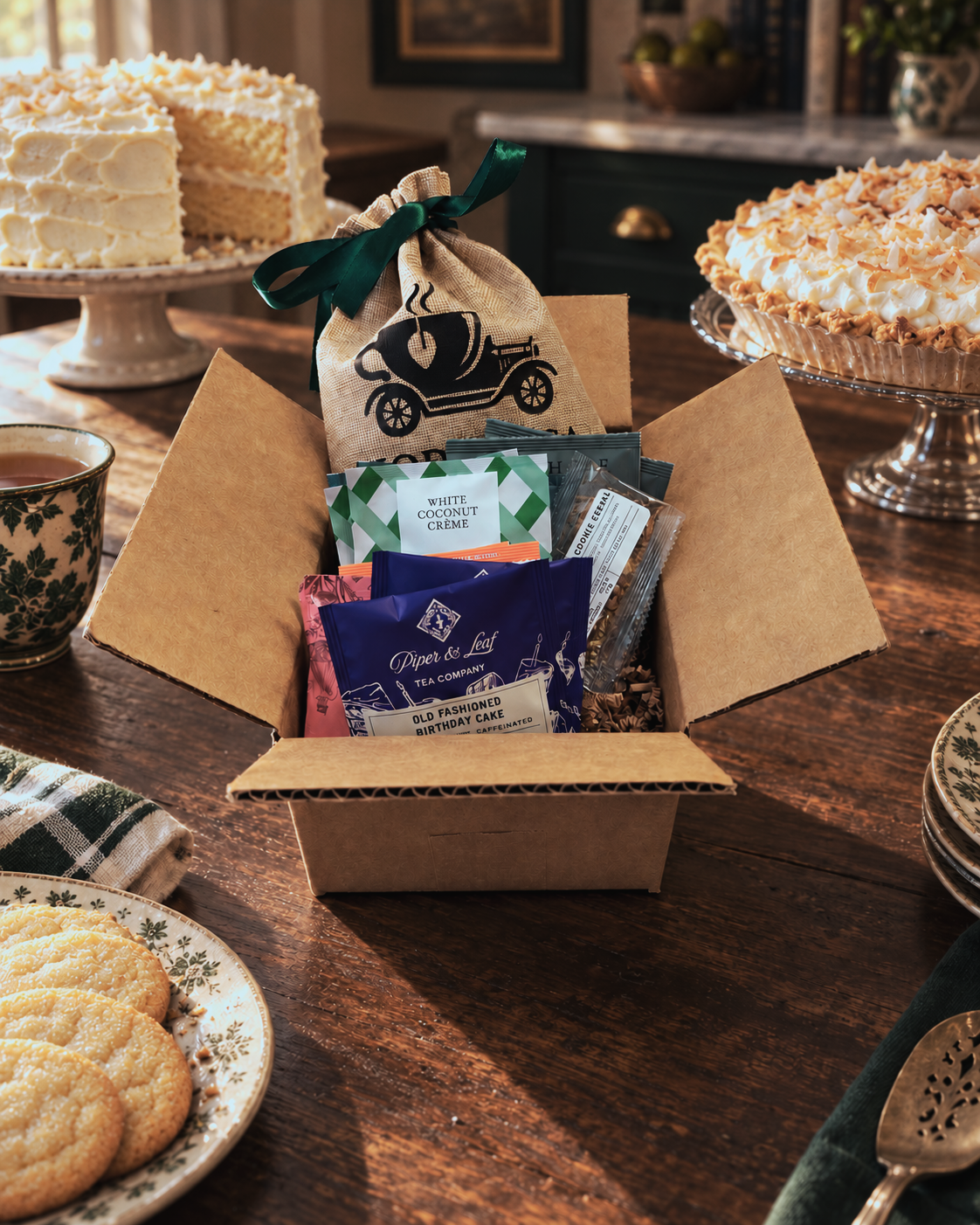 A tea collection gift box filled with assorted tea and snack packages sits open on a wooden table, surrounded by baked goods and tableware in a cozy indoor setting. 